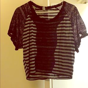 Black and grey with lace sleeve longer crop top